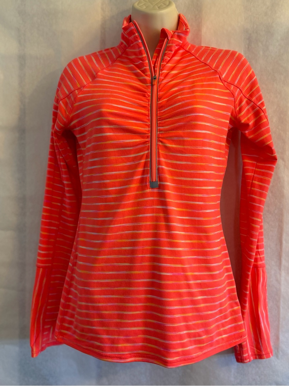 Athleta Striped Half-Zip‎ Top Bright Orange w/Yellow & Pink Stripes  Sz-XS. GG3